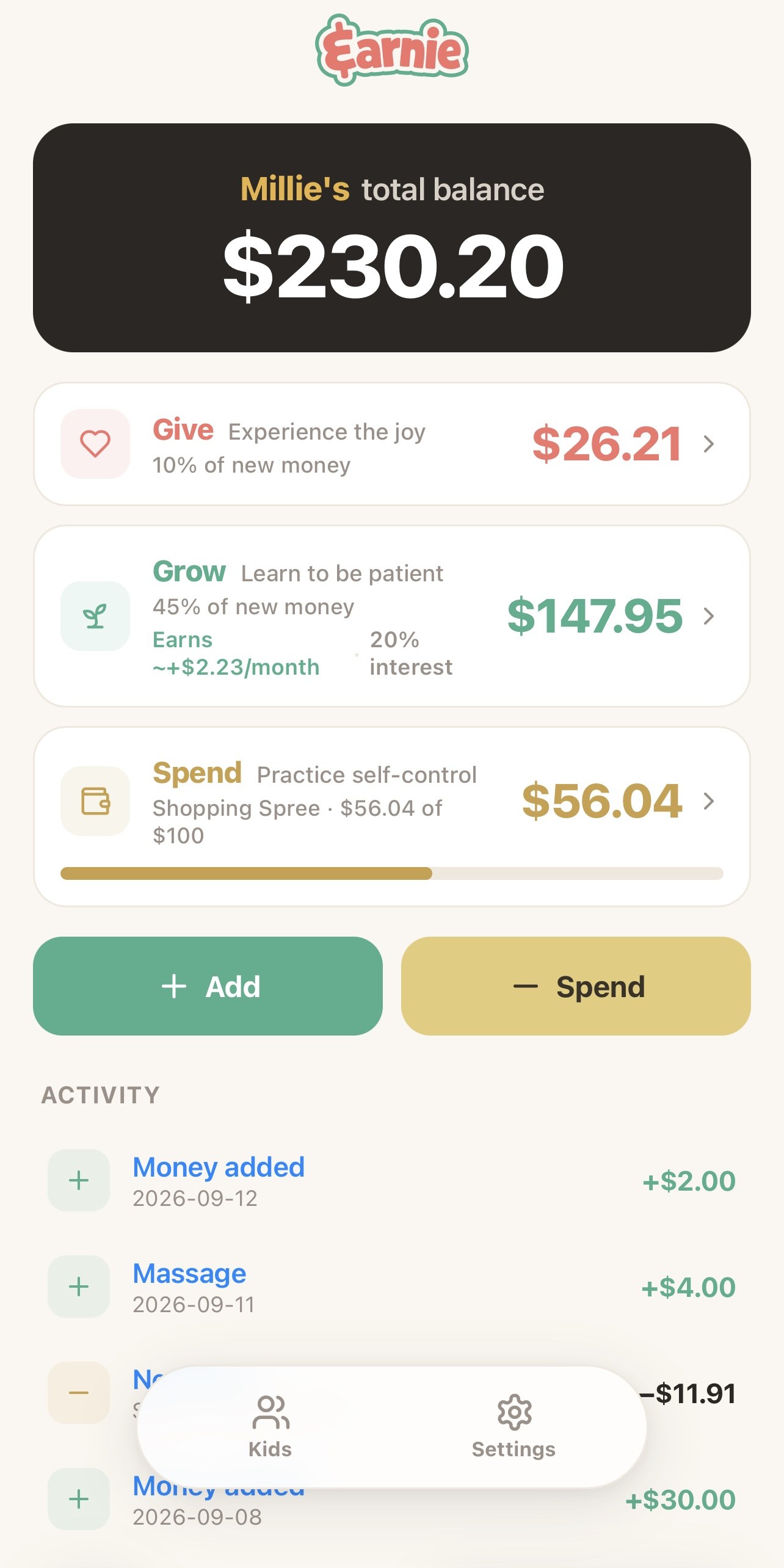 Earnie dashboard showing Millie's total balance across Give, Grow, and Spend jars